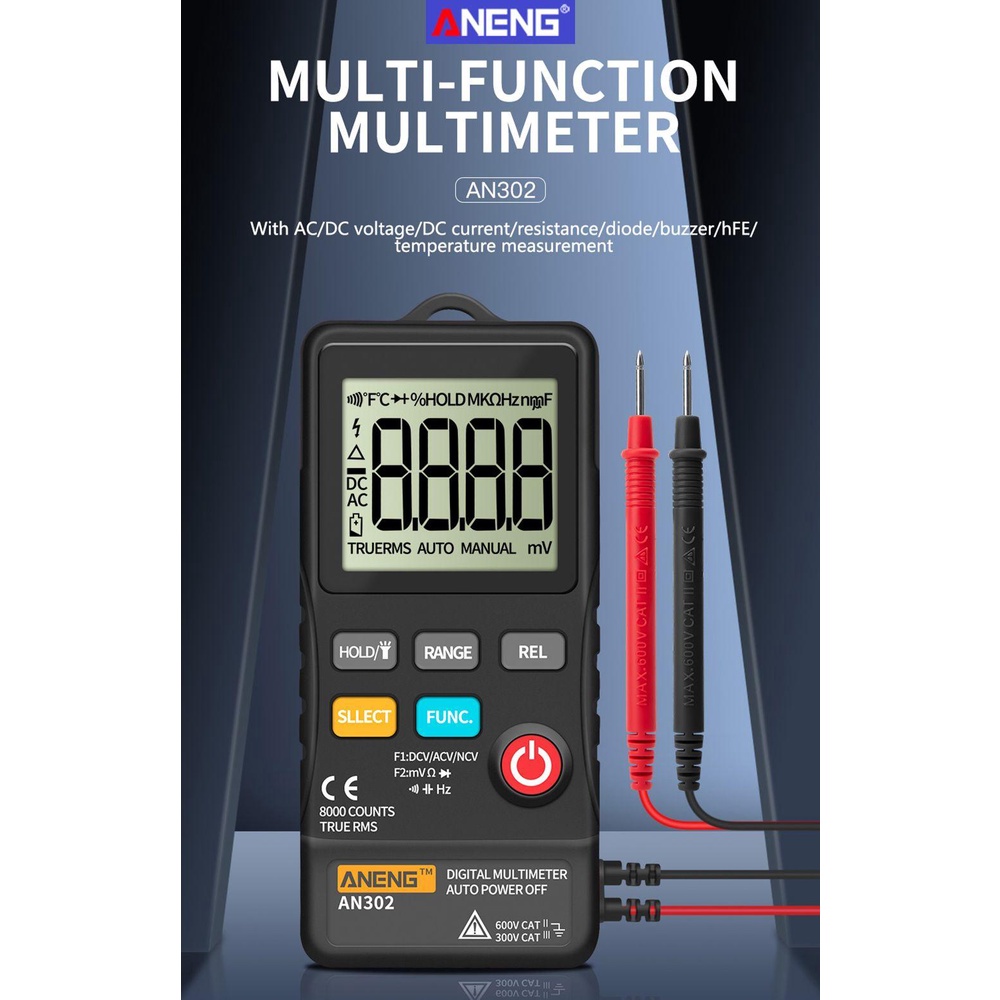 Top Digital Multimeter ANENG AN302 Auto-Ranging Transistor Tester DC/AC Voltmeter