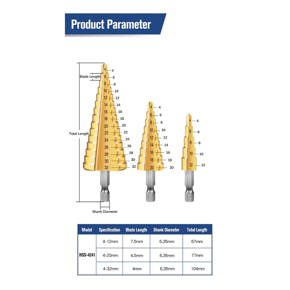 Mata Bor Pagoda Spiral Besi Kuningan Kayu Plastik Step Drill Tingkat Payung Cone 3 PCS 4 12 20 32