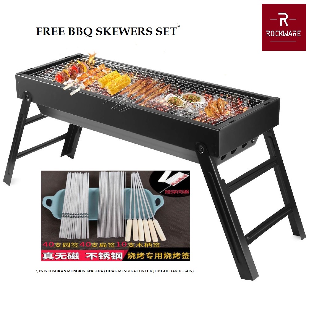 Long Portable BBQ Grill - Alat Panggang Barbecue Portabel FREE SET TUSUKAN - Panjang 60 cm - Kaki Bisa Dilipat