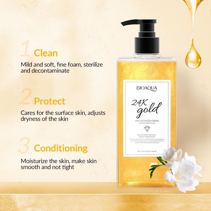 (BPOM) BIOAQUA 24K Gold Body Wash 400ml Shower Gel English Pear &amp; Freesia scent Sabun Mandi Cair Sabun Kecantikan Long lasting