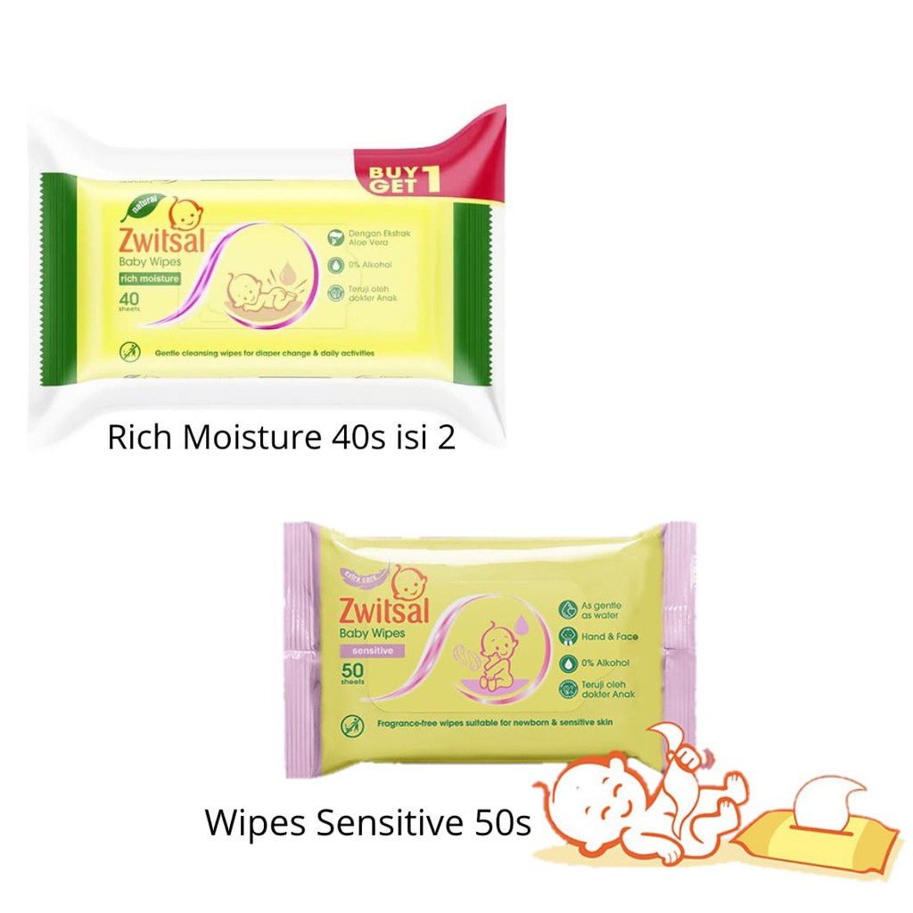 Zwitsal Baby Wipes Rich Moisture isi 40 s (Buy 1 Get 1) / 40s Satuan / Sensitive 50 s - Tisu Tissue Basah Bayi