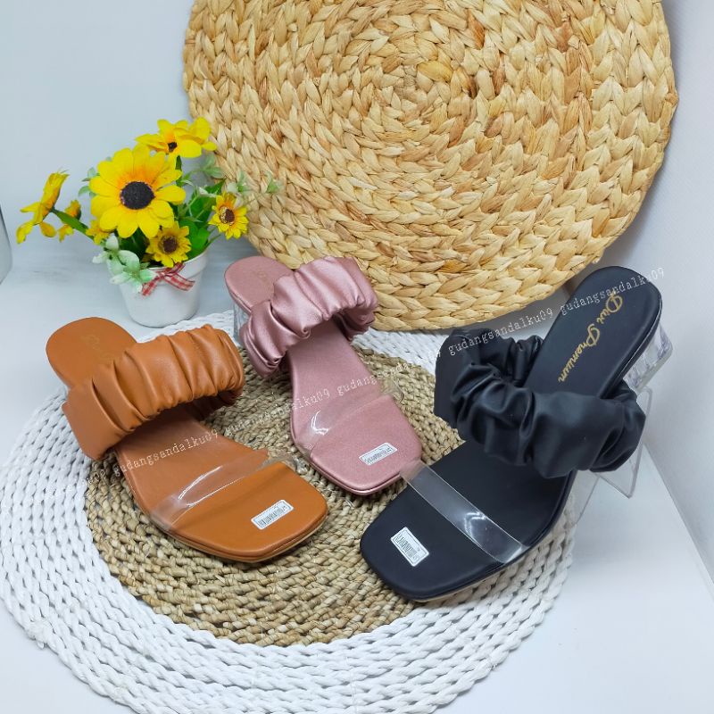 12.12 BRITHDAY SALE Tracy Sandal Wanita Kerut Scrunchie Hak Kaca 5cm Hp10