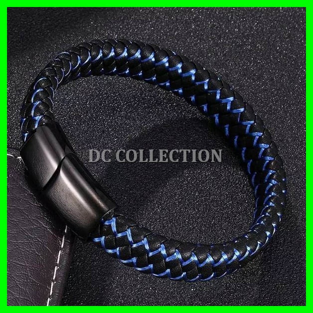 GELANG KULIT PRIA COWOK STAINLESS STELL BLACK BLUE MAGNETIC LEATHER PREMIUM