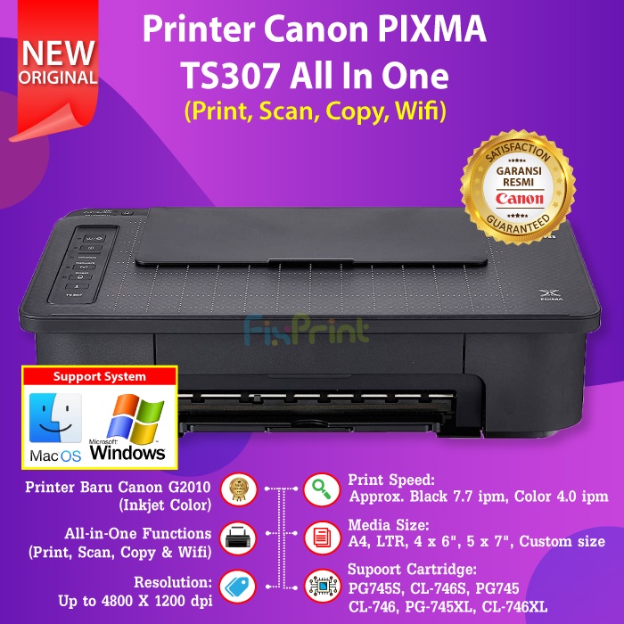 Printer Inkjet Canon PIXMA TS307 TS 307 TS-307 Print Copy Wireless direct + Cartridge tinta 745 746