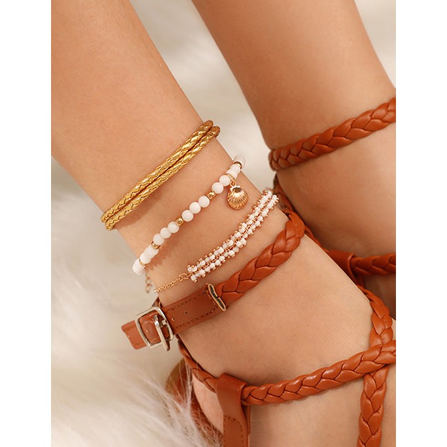 LRC Gelang Fashion Gold Alloy Rice Beads Fringed Shell Anklet 3 Sets F94583