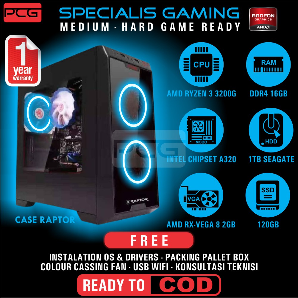 PC GAME RAKITAN KOMPUTER GAMING DESAIN DESIGN GRAFIS RENDERING AMD RYZEN 3 3200G SSD 120GB RAM 16GB