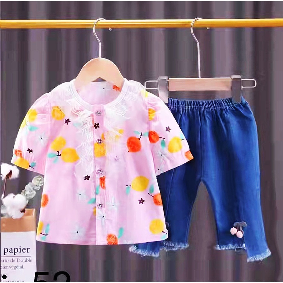 Setelan anak perempuan atasan jins cherry import 1-4 tahun/ Baju Setelan kemeja Setelan Jeans anak cewek tanggung