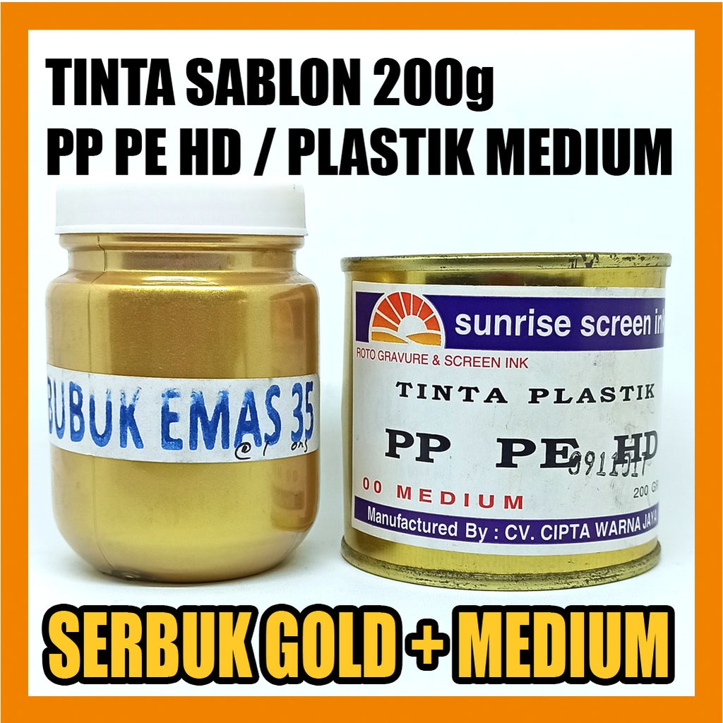 

Tinta Sablon Plastik Medium 200g + Serbuk Warna Emas 100g