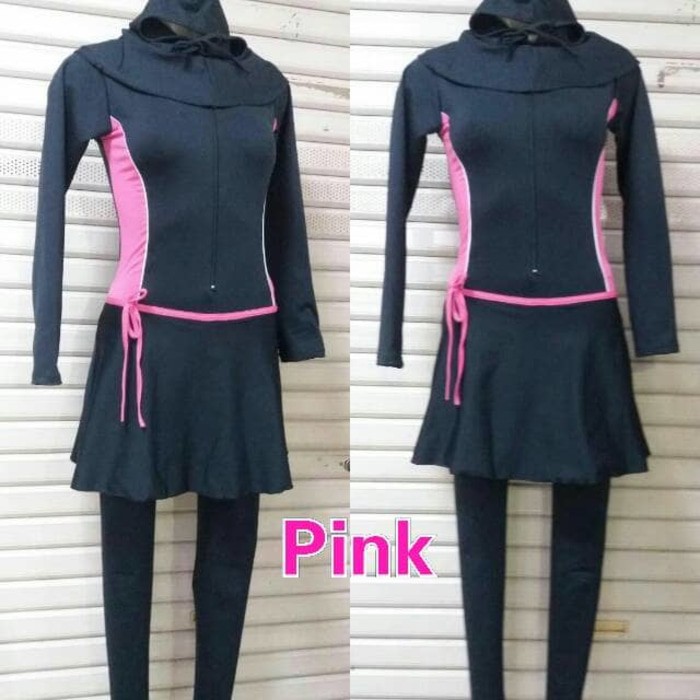 MUSLIM DEWASA Baju Renang Muslim Muslimah Wanita dewasa polos hitam list pink