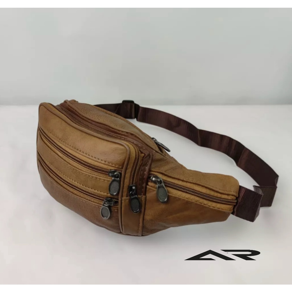 Tas Selempang Pria KULIT ASLI Waistbag Casual 7 Ruang Multi Fungsi