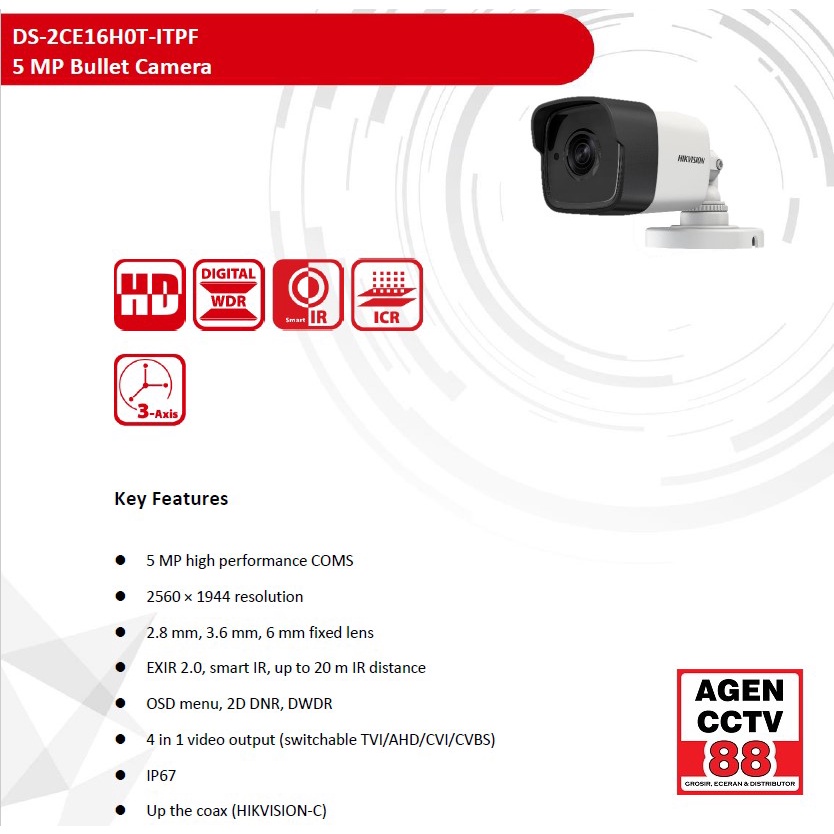 Kamera CCTV Outdoor HIKVISION DS-2CE16H0T-ITPF 5MP Promo Bonus 2 BNC