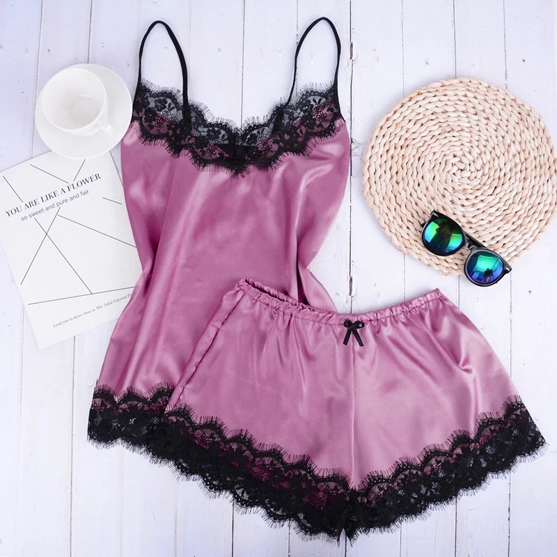 Blackpink Lingerie Sexy  Baju Celana Set Santai Casual Tidur Wanita Import Piyama Gaun Malam Satin Sleepwear Bahan Silk Set Pakain Wanita 1162-PINK