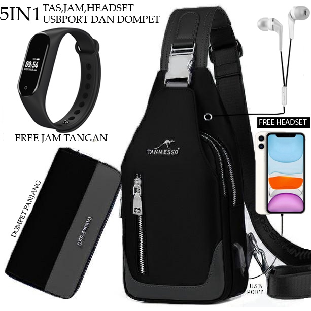 Tanmesso 5in1 BAYAR DITEMPAT- JAM LED,DOMPET &amp; USBPORT&amp;HEADSET-TAS WATERPROOF TAS SELEMPANG PRIA