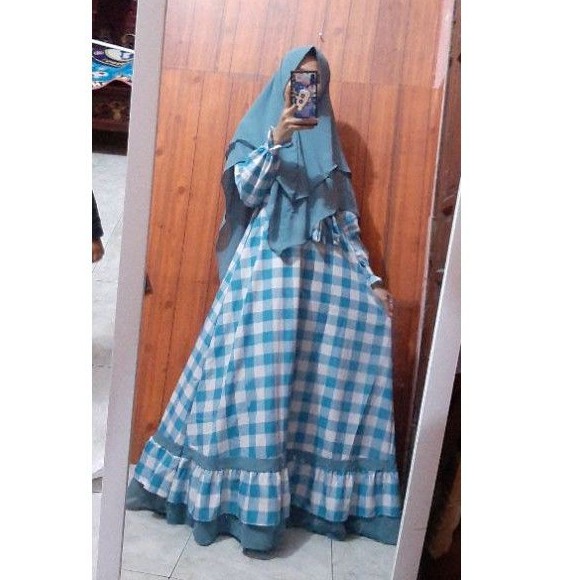 set gamis syari kotak2 denim wardah mona mix cerruti