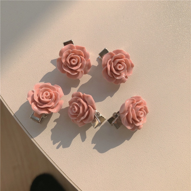 Set Jepit Rambut Poni Bentuk Bunga Mawar Hati Pita Peach Mini Warna Pink Untuk Wanita
