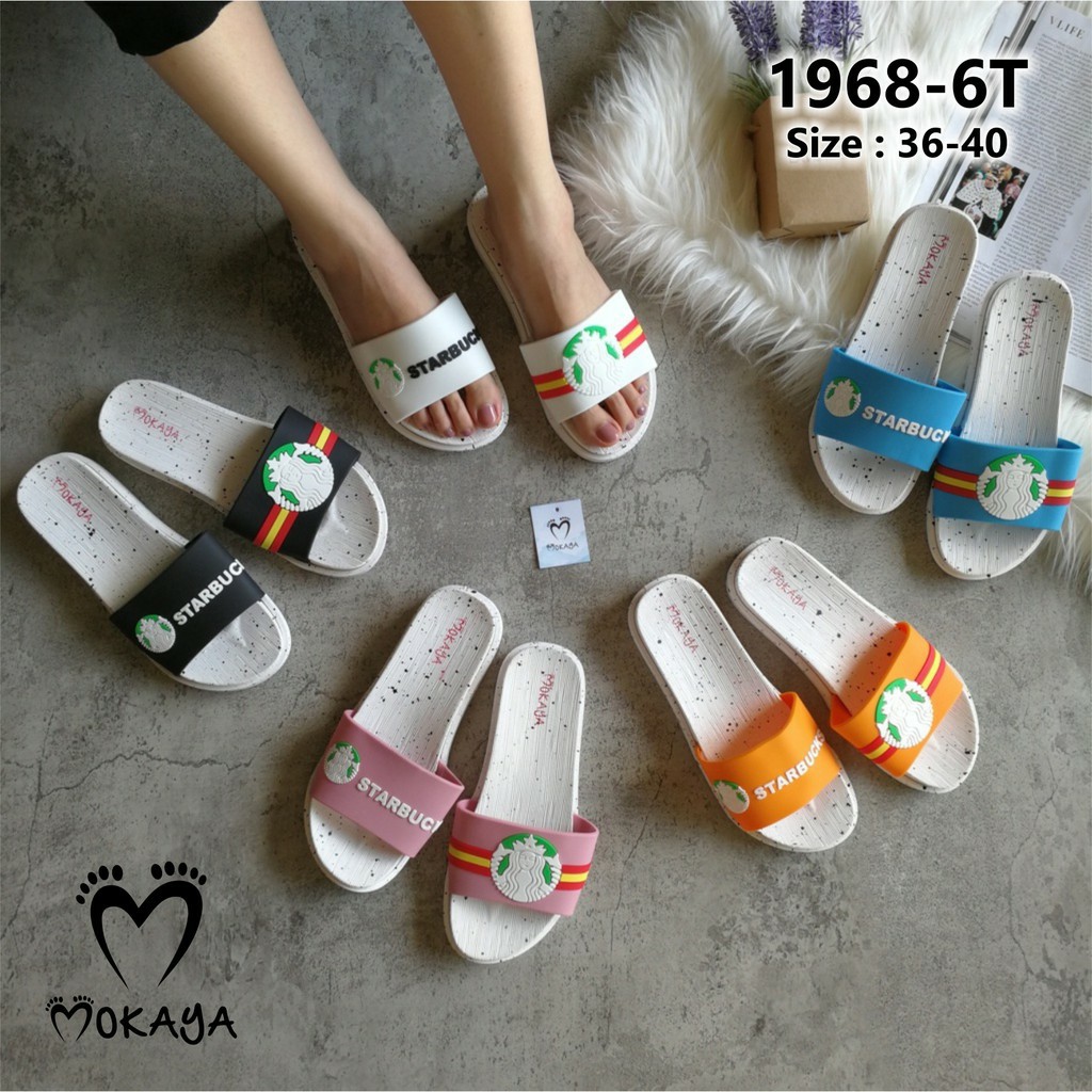 Sandal Slop Wanita White Starbucks Keren Lucu Import Mokaya / size 36-40 (1968-6T)