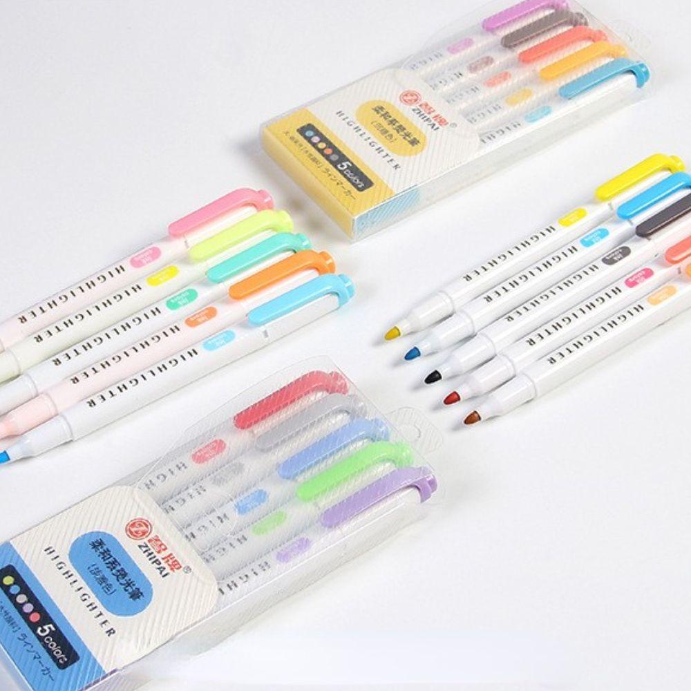 Lanfy Pen Neon 5warna/kotak Vintage Penanda Titik Perlengkapan Kantor Art Supply Pena Graffiti Kepala Ganda