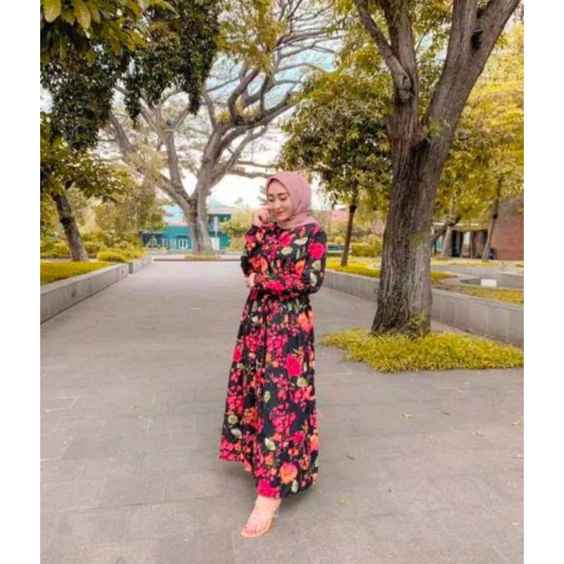 GAMIS TERBARU 2021, PAKEYAN WANITA TERBARU, GAMIS RAYON MOTIF BUNGA FULL KANCING HIDUP BUSUI LD, 110