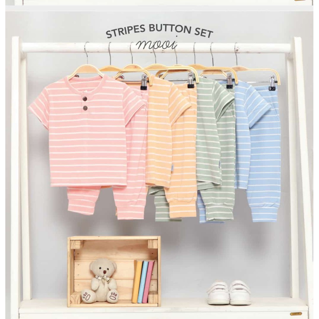 PROMO 7.7 PROMO BAJU LEBARAN MURAH MOOI STRIPES BUTTON SET 1-5 tahun Setelan baju pendek celana panjang anak