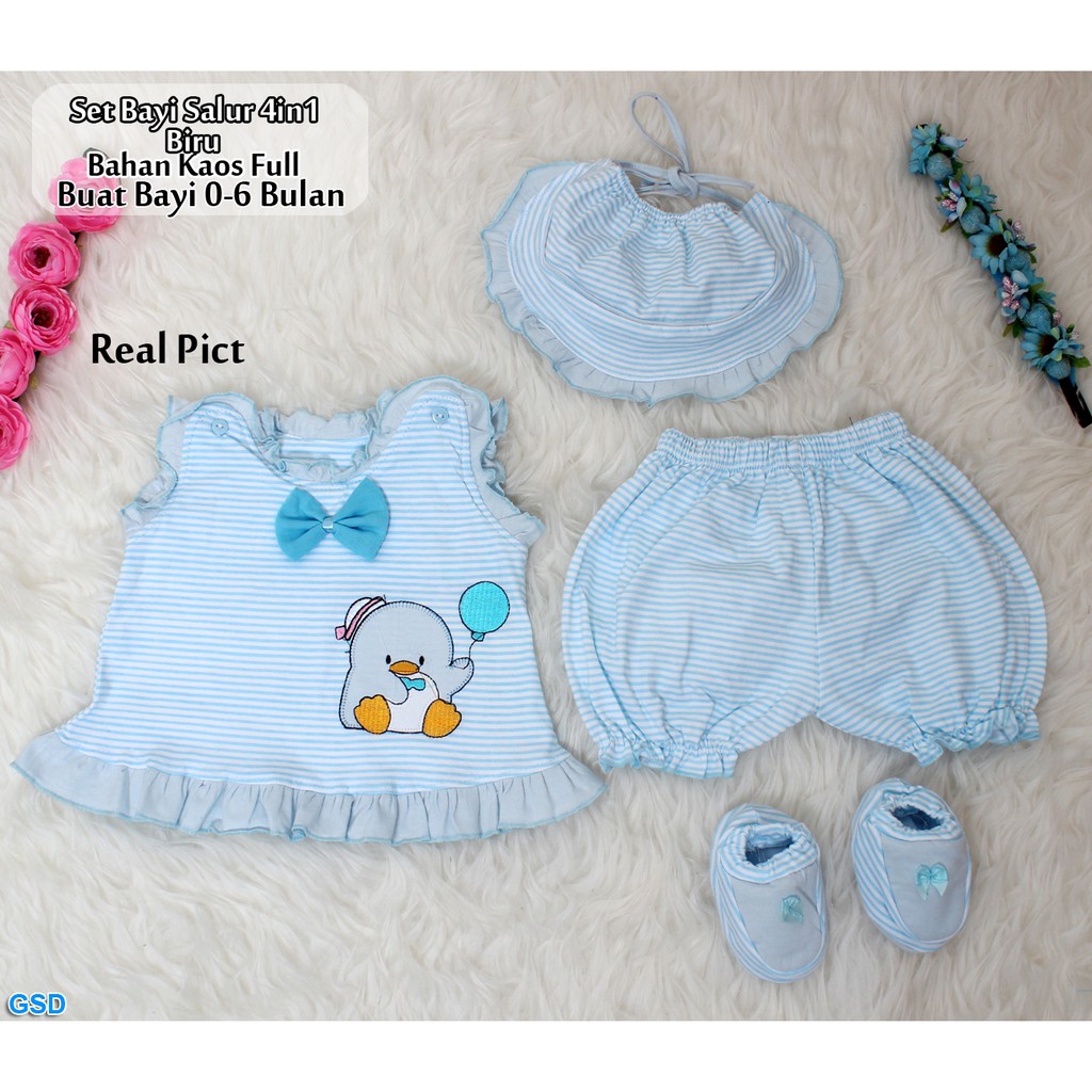 Set bayi salur guin 4in1/Baju Bayi Motif Salur/ Pakaian Anak Usia 0-6 Bulan/Stelan Bayi Lengkap