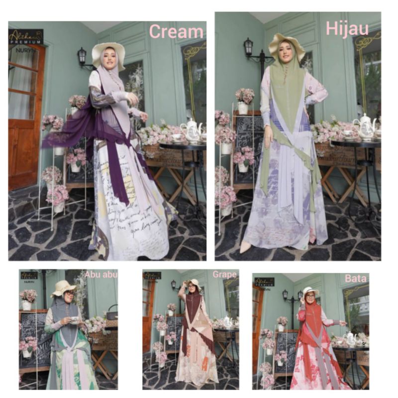 gamis nuryn set syari ori by alzhea / gamis syari plus khimar jilbab / GAMIS SET CERUTY MOTIF PRINTI