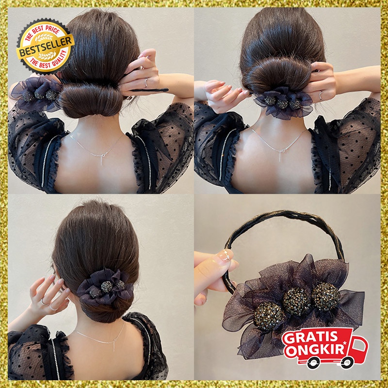 Ikat Jepit Rambut Sanggul Hair Bun Tie Kawat Motif Bunga Manik Manik Fashion Style Korea AK230