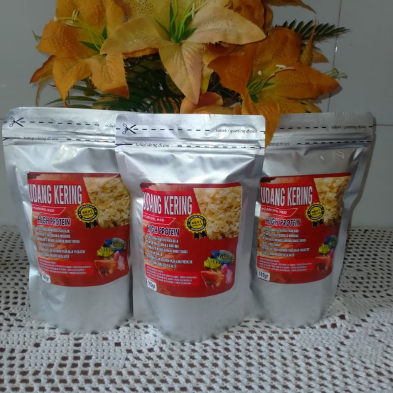 Udang Kering 100gr (+Carophyl Red)Kualitas Super Pakan Ikan Chana,Arwana,Louhan,Pbass,Oscar