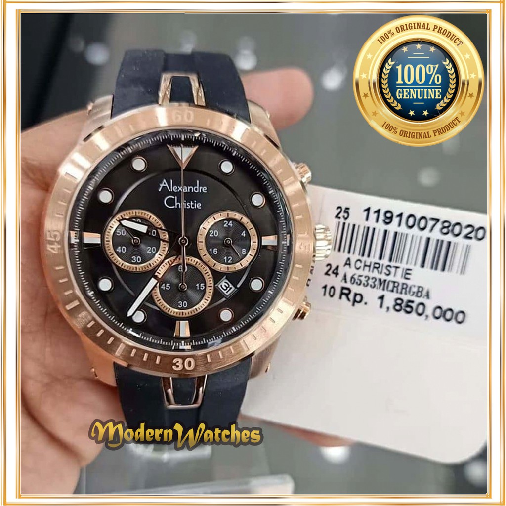 Jam Tangan Ori Pria Alexandre Christie AC 6533 Black Rosegold Hitam Cowok Terbaru Tali Rubber Karet