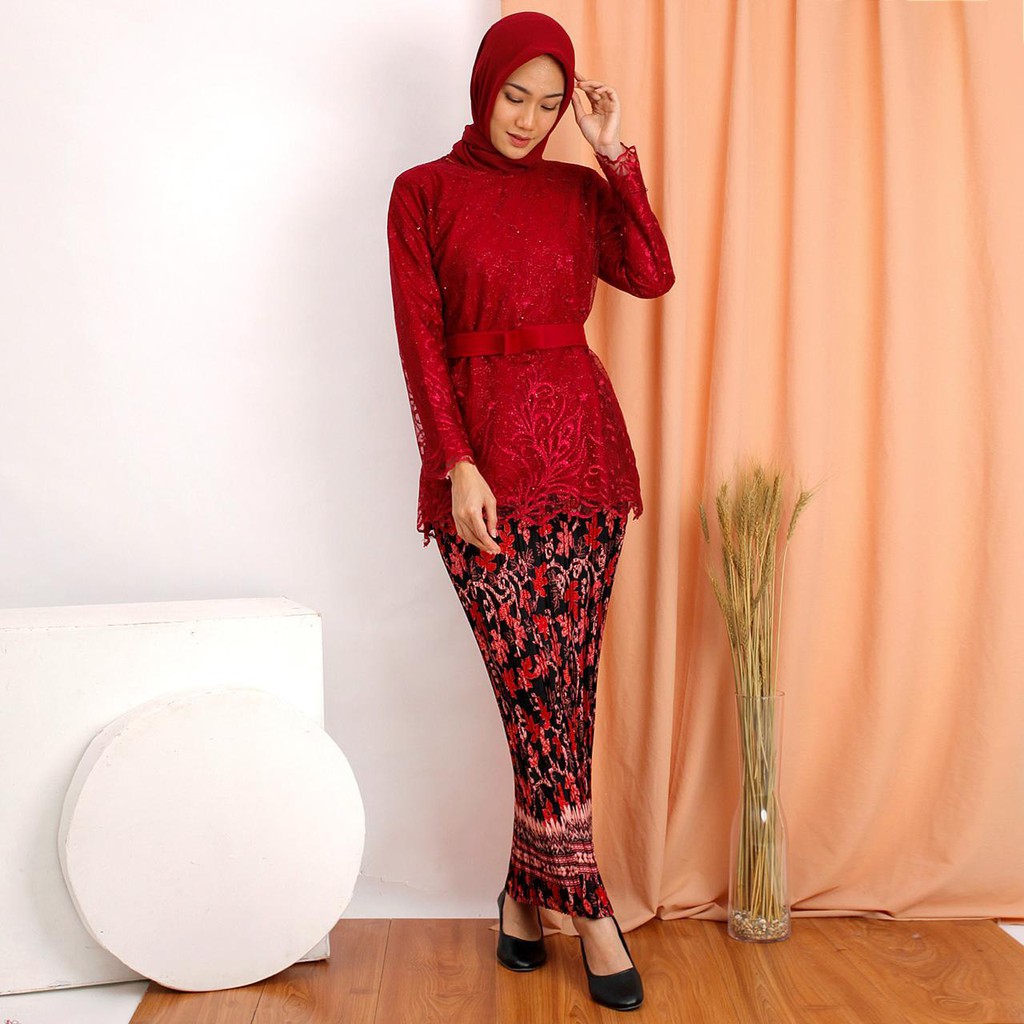 Kebaya Manohara Tulle Tille Bordir Brukat Mewah Brokat Muslim Wisuda Tunik Kondangan Nikahan !!-MAROON + ROK PLISKET