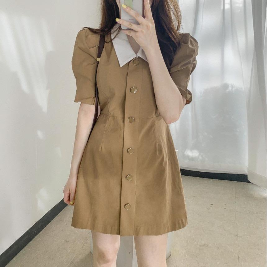 [littlecrab] Dress Full Kancing Simple Elegan Dress Kerah Putih Dress Polos Berkualitas Korean Style Short Dress Model Simply Dress Lengan Pendek Nyaman Dress Berkerah Lembut Berkualitas