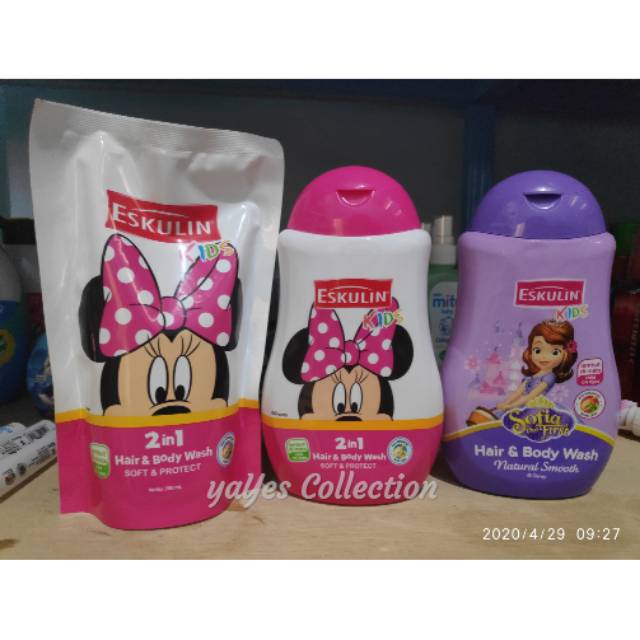 Eskulin kids 2in1 hair &amp; body wash 280 ml sabun dan shampoo cair mandi anak disney botol refill