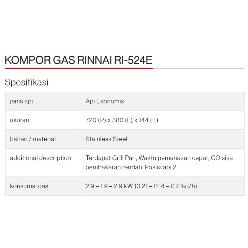 Rinnai RI-524 E Kompor 2 Tungku + Grill Pan Series RI-524E / RI 524 E / RI524E / RI 524E / RI524 E