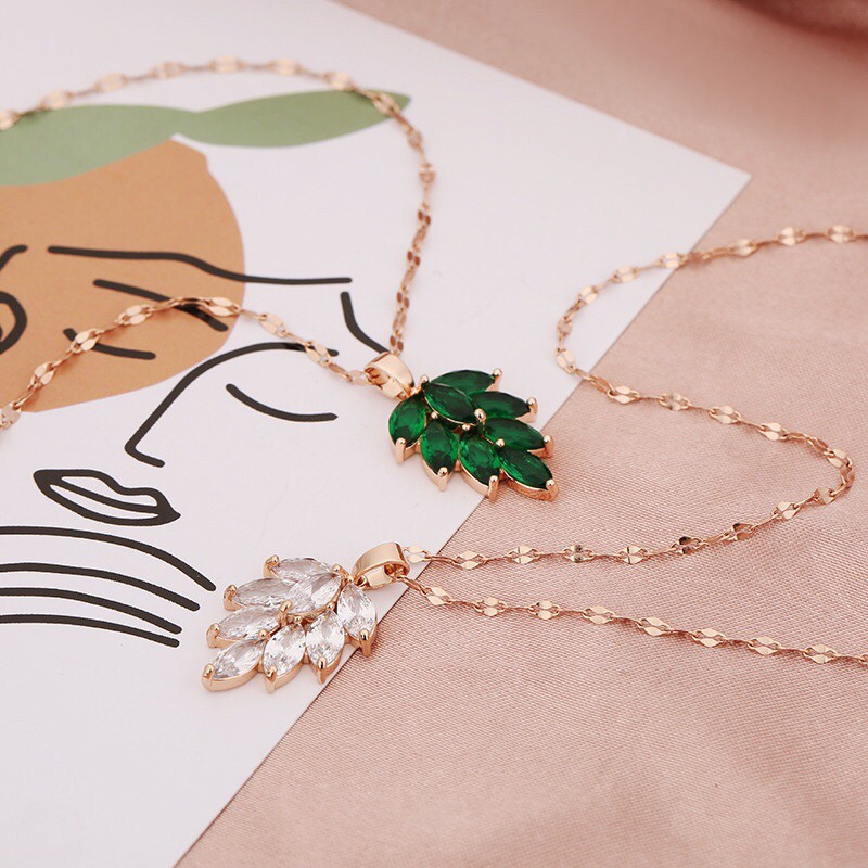 Kalung Wanita elegan titanium lapis emas 18k model liontin daun permata rosegold  711#