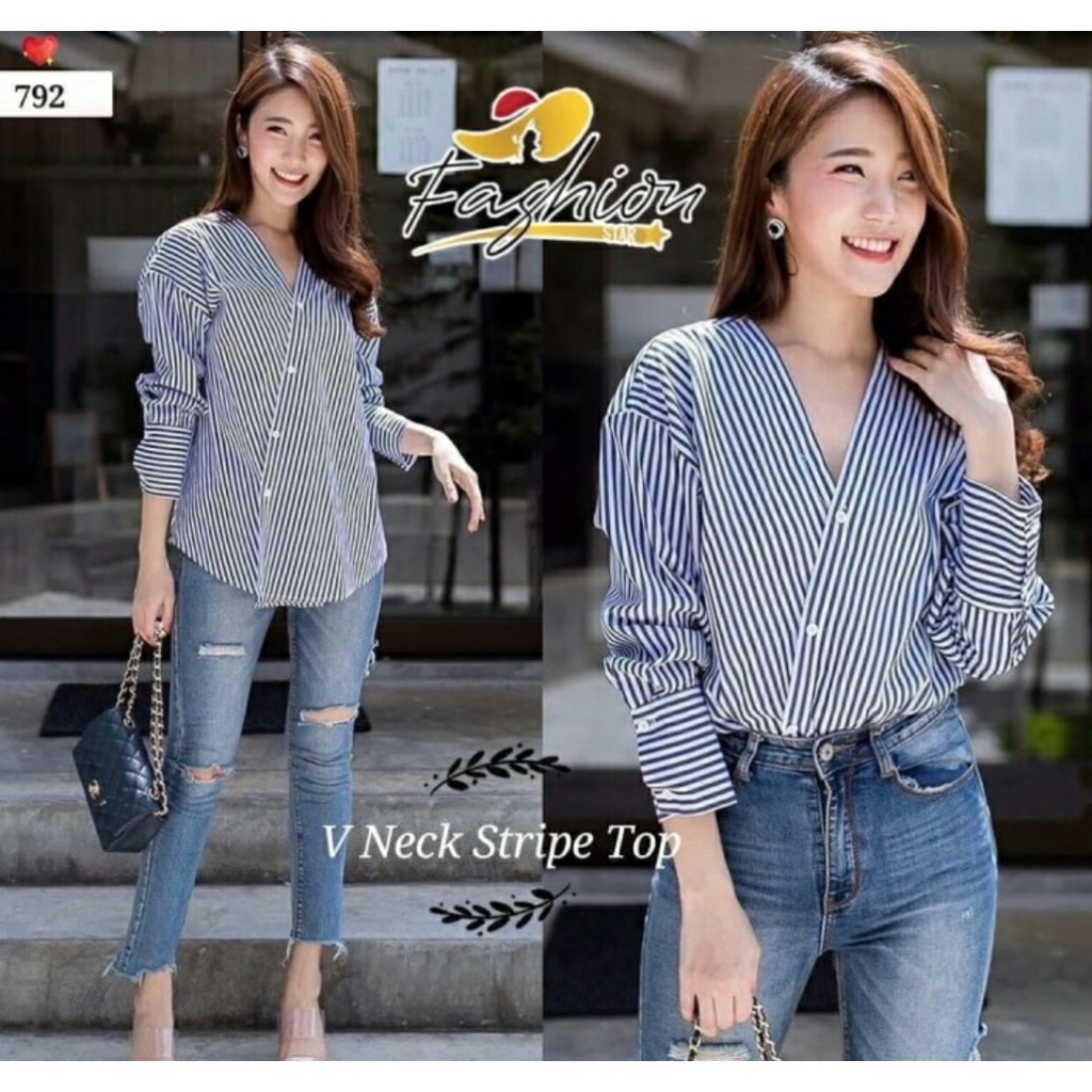 Kemeja Wanita Garis Vertikal Biru Putih Bahan Katun Salur Size M, L, XXL Model V Neck-2