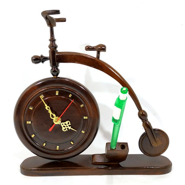 Jam Miniatur Sepeda Plus Tempat Pensil Bolpoin Kerajinan Kayu Jati Unik Antik Untuk Meja Kerja Belaj