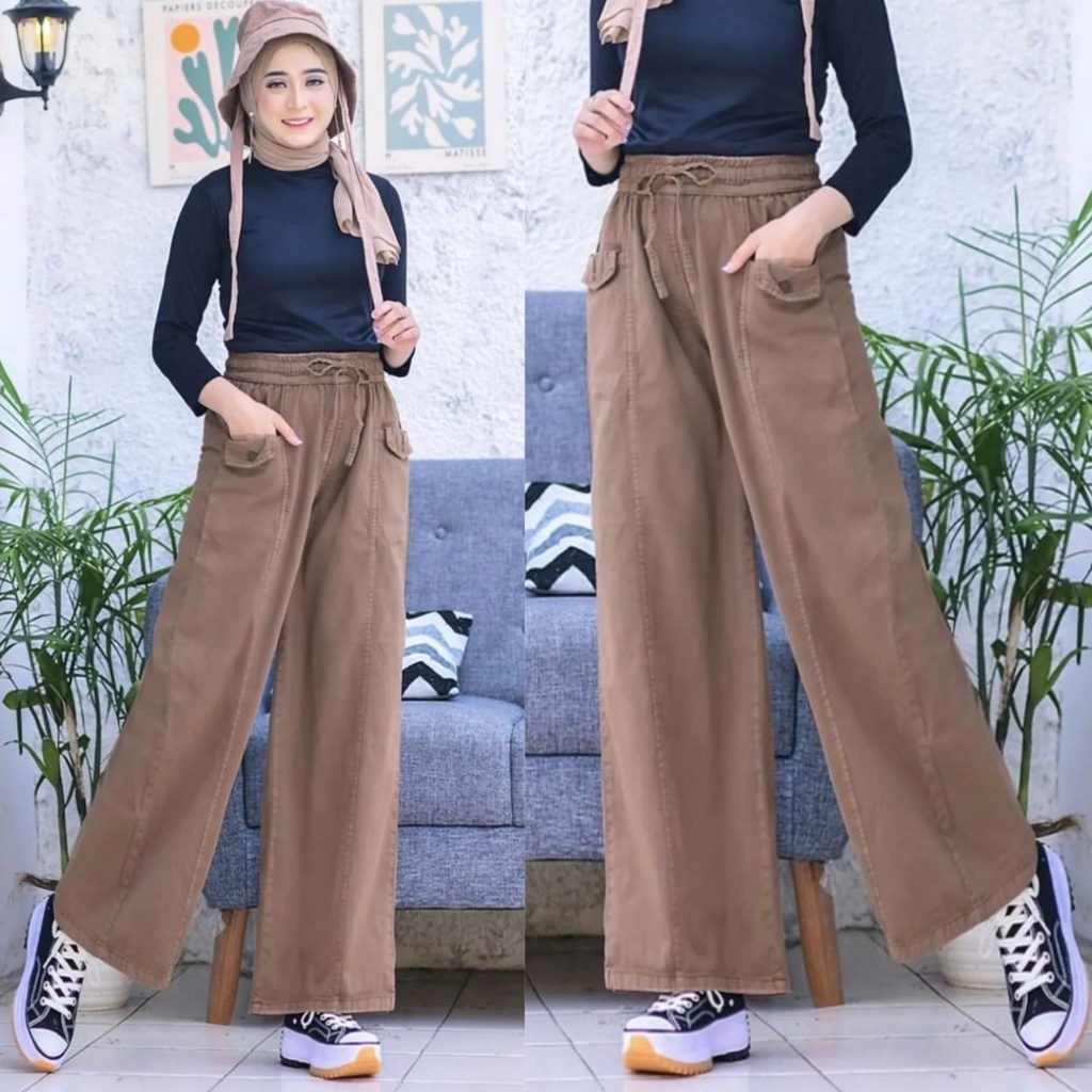 Viona Kulot Linen Celana Wanita Jumbo Fit XXL / Kulot Basic Jumbo Bahan Linen Korean Style Oversize Saku Depan