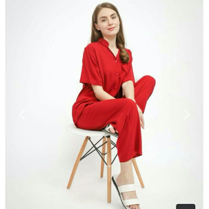 SETELAN PAJAMAS POLOS. ONE SET LENGAN PENDEK BAHAN RAYON PREMIUM TWILL ASLI