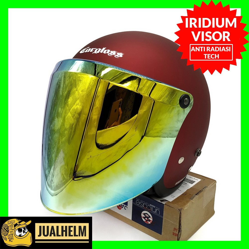 Helm Cargloss Retro Red Doff + Kaca Iridium Gold