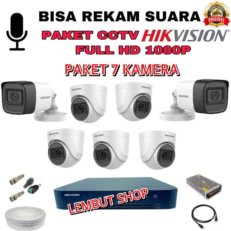 (audio) paket camera cctv 7 kamera hikvision 2mp audio built in mic 1080p 8 channel ch bisa rekam suara 8ch 8channel 2 mp megapixel original murah