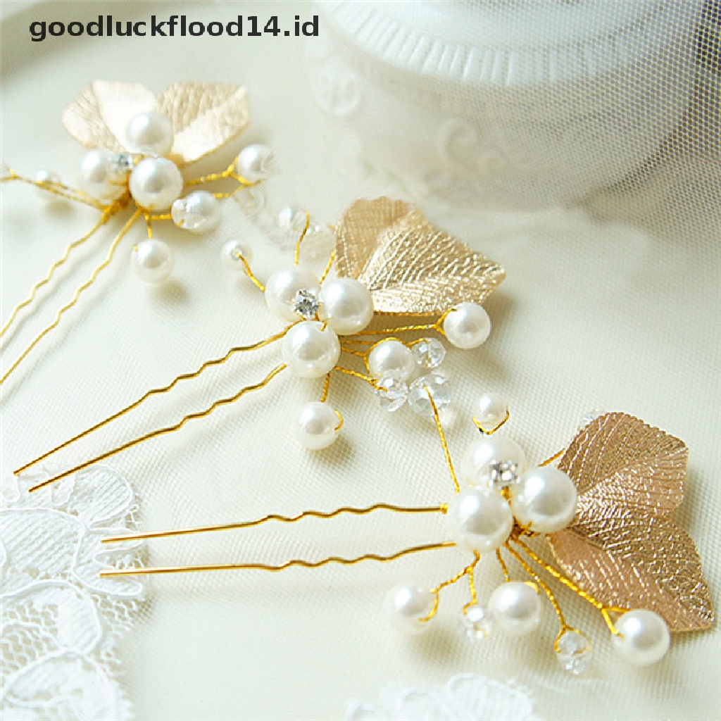 [OOID] 4PCs Women Bridal bridesmaid Pearl Gold Leaf Headpiece Hair Pin Hairpin Wedding ID