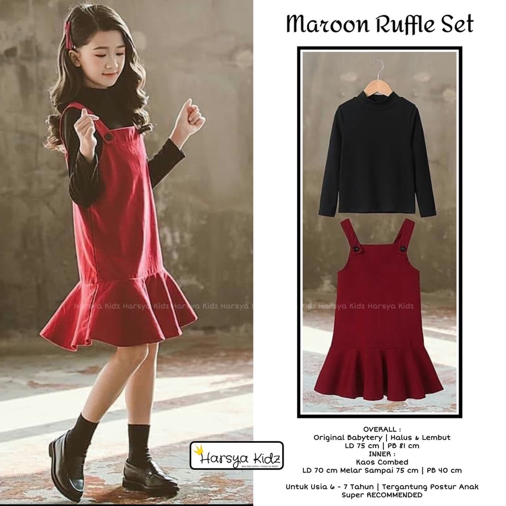 SETELAN BAJU ANAK UMUR 6-7TAHUN CEWEK / MAROON RUFFLE SET