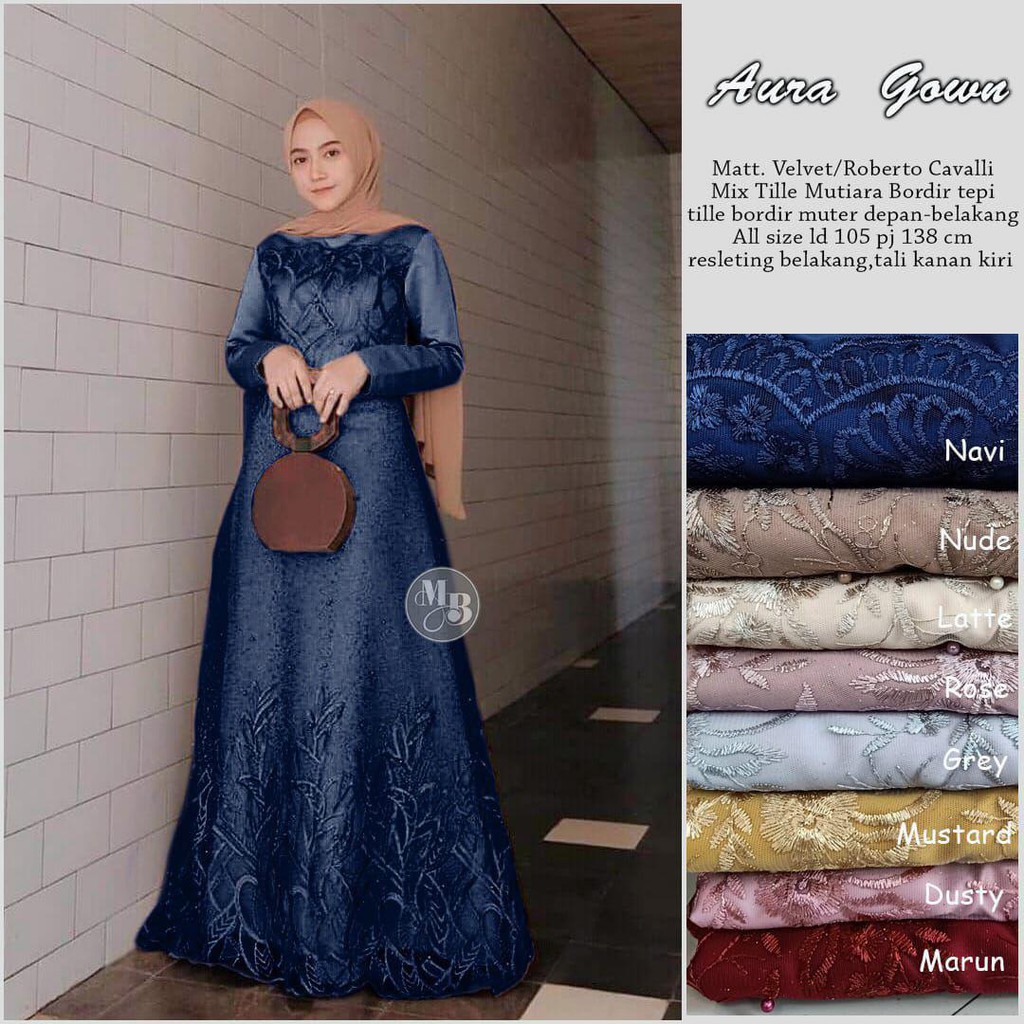 Gamis Brukat Syar'i Aura Gown Bahan Velvet Mix Tile Mutiara Gaun Pesta Muslim Wanita