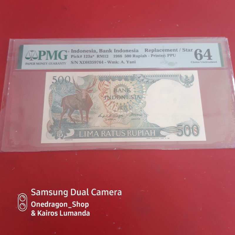 Uang Kertas Kuno 500 Rupiah Tahun 1988 Rusa Seri Pengganti X Replacement PMG 64