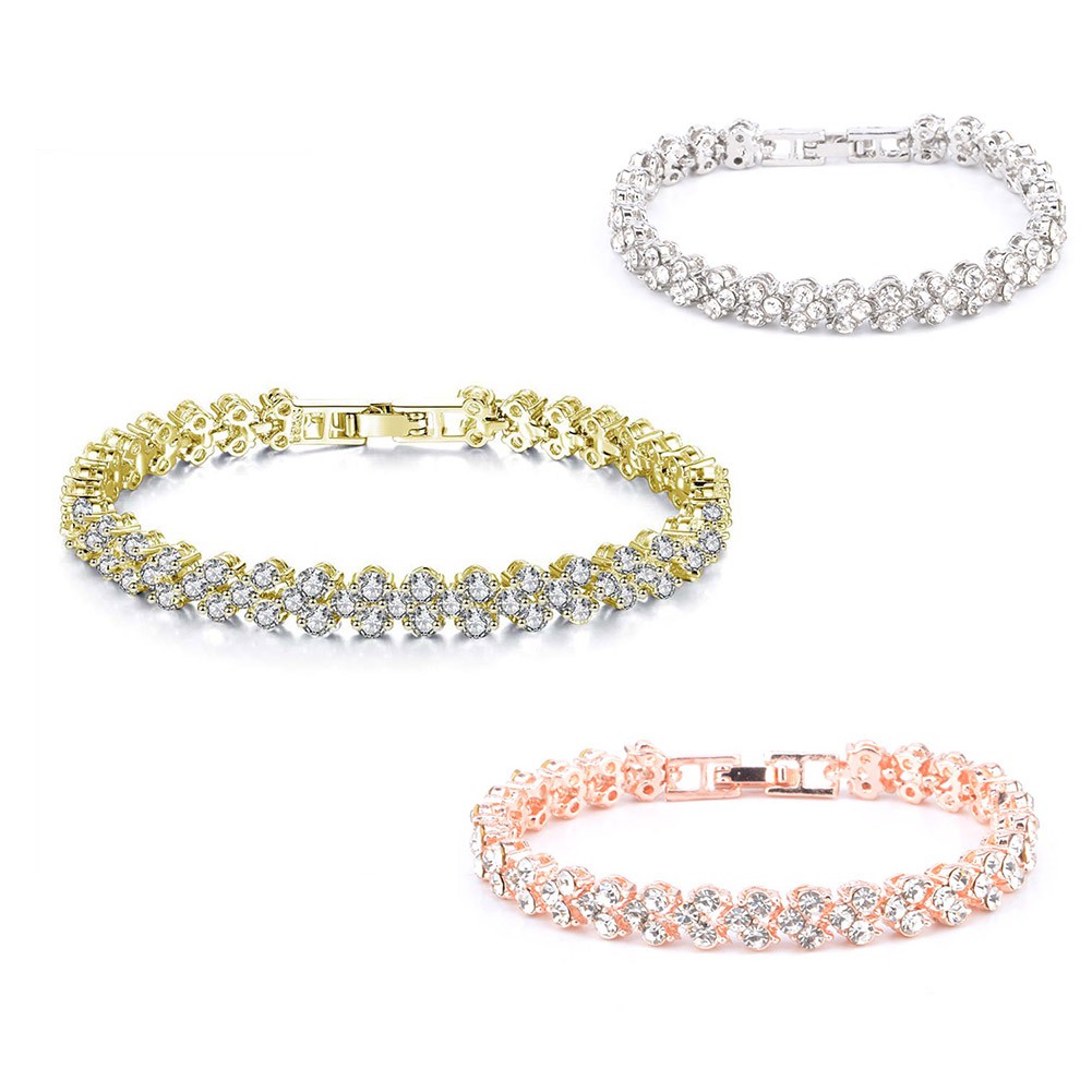 Fancyqube Fashion Gaya Romawi Wanita 925 Perak Berkilau Kristal Gelang Berlian Hadiah