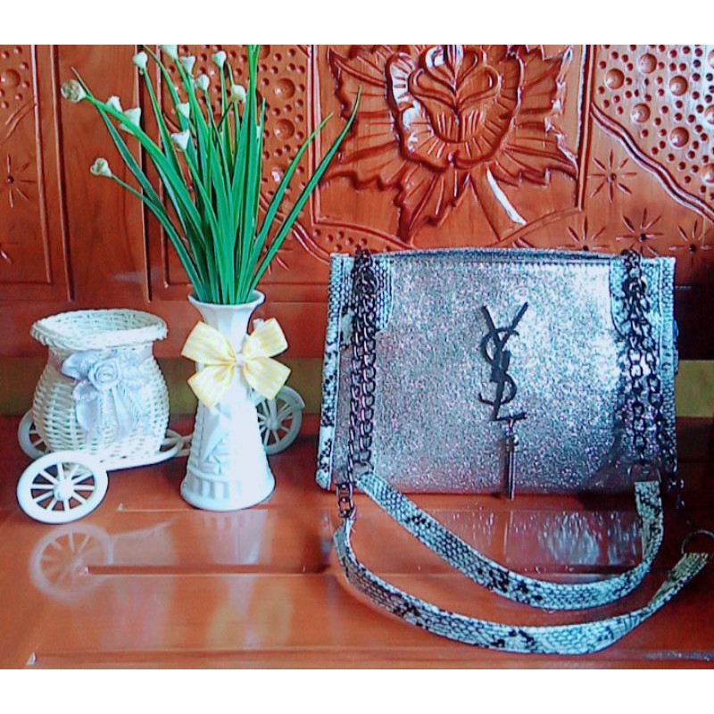 BARU - Tas Lokal Shoulder Bag YSL Silver Rantai Kombinasi