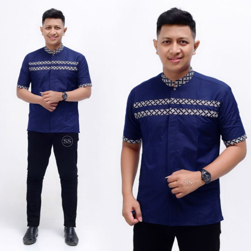 BAJU KOKO POLOS KOMBINASI BATIK MUSLIM DEWASA LENGAN PENDEK
