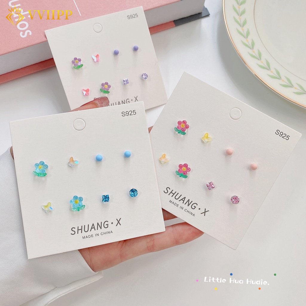 Set Anting Stud S925 Silver Bentuk Bunga Tulip Kupu-Kupu Bulat Geometris Aksen Kristal Untuk Wanita