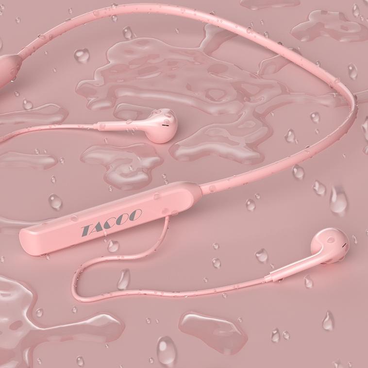 【NEW】TACOO Headset Sports Macaron Hanging Neck GB02 HiFi Stereo Bass Earphone Sport Pink
