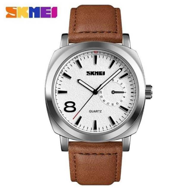 Jam Tangan Pria Original SKMEI 1466 Tali Kulit Anti Air Silver Coklat