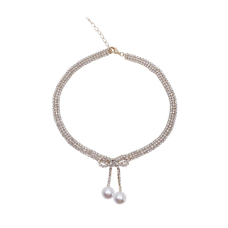 Kalung Mutiara Berlian Bentuk Pita Gaya Vintage Untuk Wanita